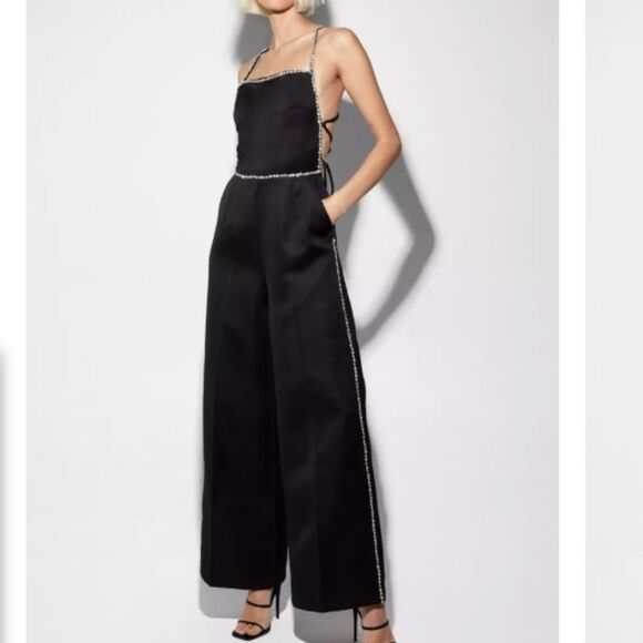 Nasty Gal- Black Premium Satin Diamante Trim Strap Back Jumpsuit - Picture 1 of 7